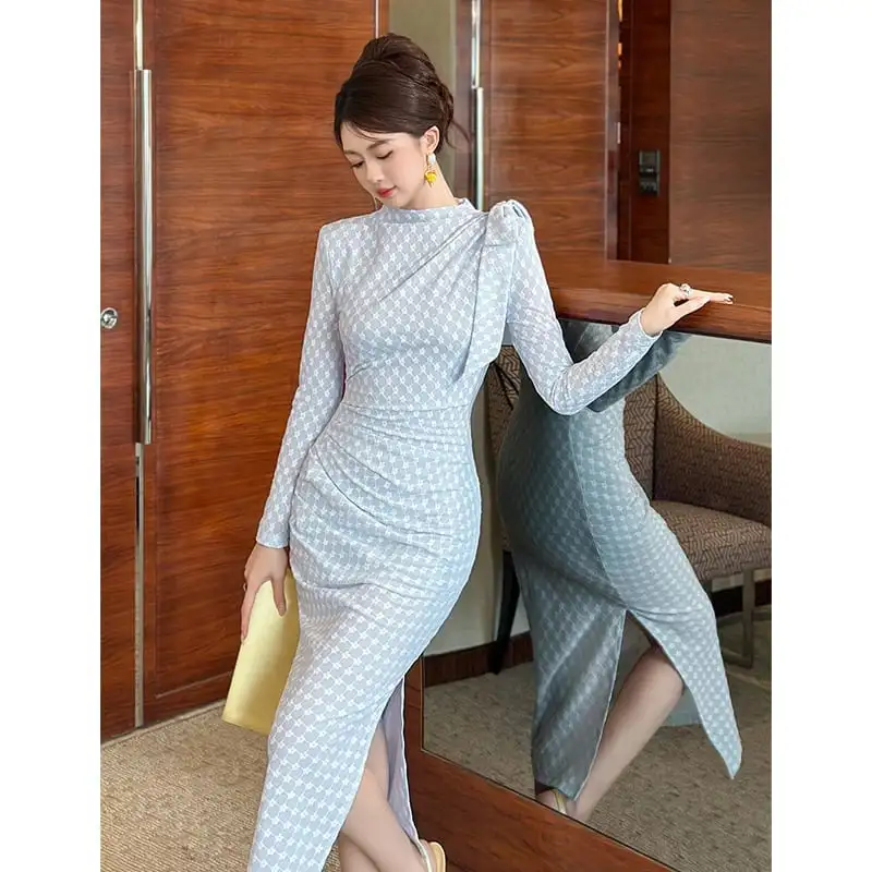 ワンピース 花柄 スリット 長袖 ブルー