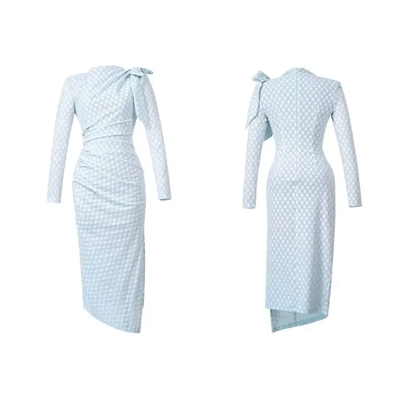 ワンピース 花柄 スリット 長袖 ブルー