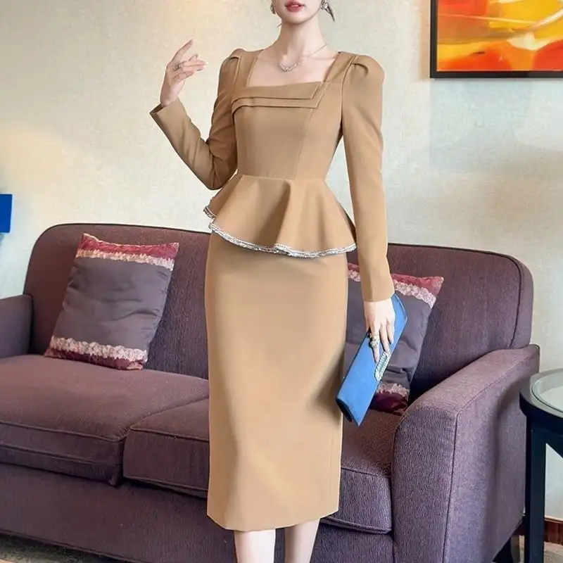 ワンピース OL/フォーマル スクエアネック ライトブラウン