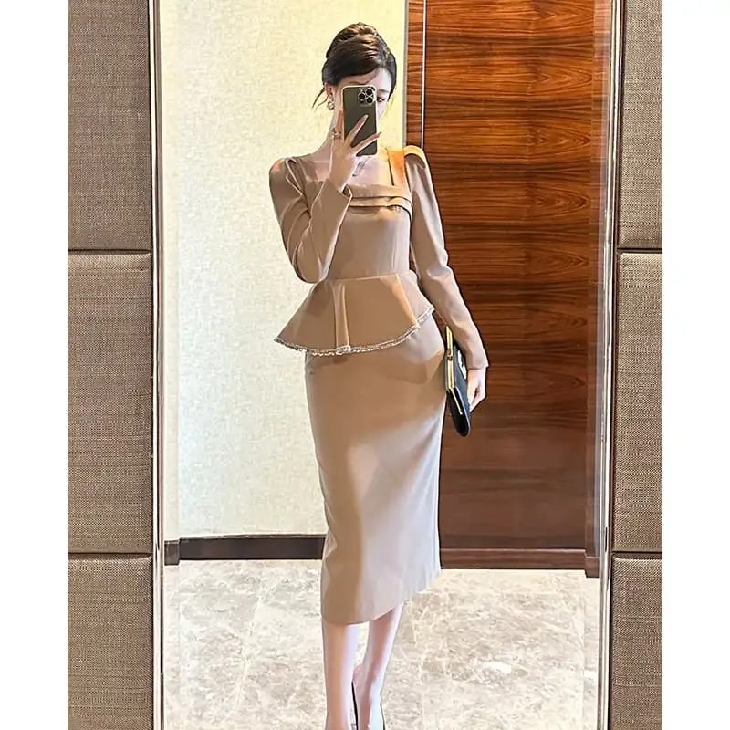 ワンピース OL/フォーマル スクエアネック ライトブラウン