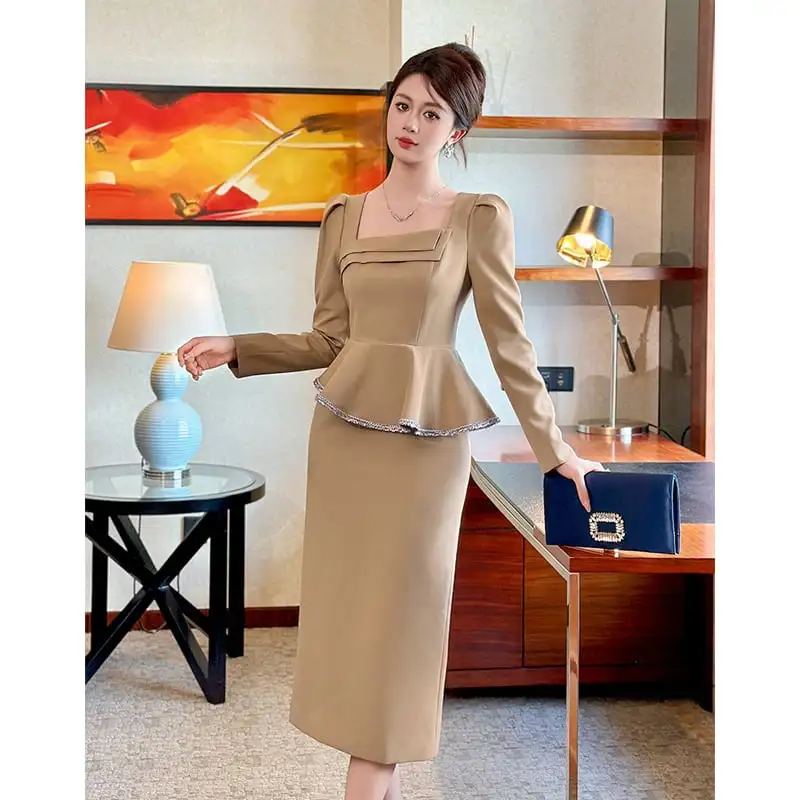 ワンピース OL/フォーマル スクエアネック ライトブラウン