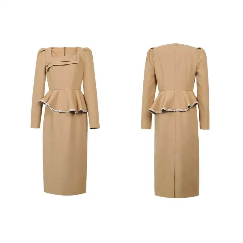 ワンピース OL/フォーマル スクエアネック ライトブラウン