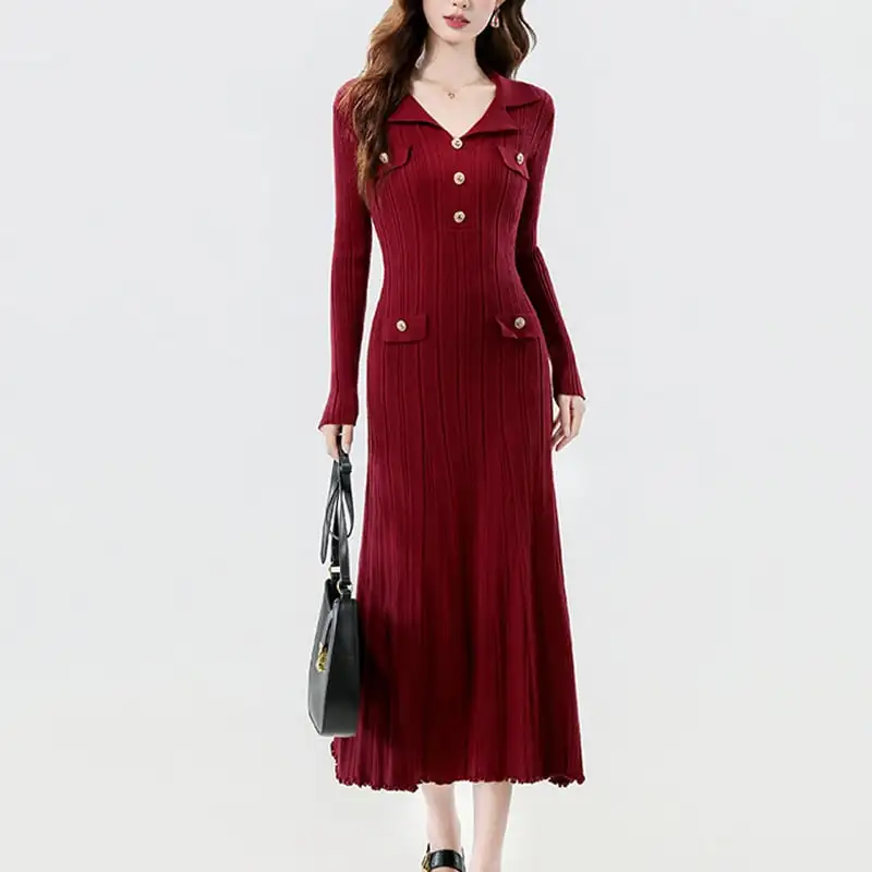 ワンピース ３色展開 ニット シンプル 長袖 レッド ブラック ベージュ