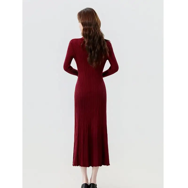 ワンピース ３色展開 ニット シンプル 長袖 レッド ブラック ベージュ