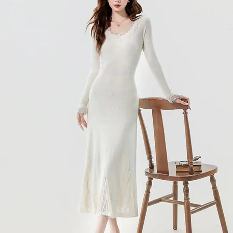 ワンピース 4色展開 レース エレガント ニット 長袖 ベージュ ブラック コーヒー色 ダークブルー