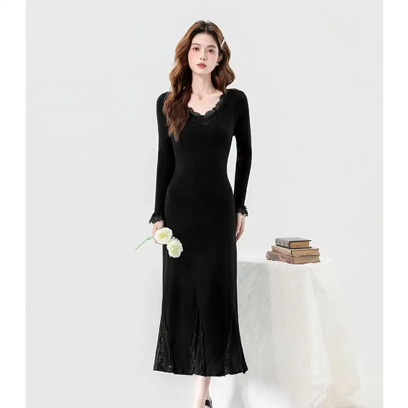 ワンピース 4色展開 レース エレガント ニット 長袖 ベージュ ブラック コーヒー色 ダークブルー