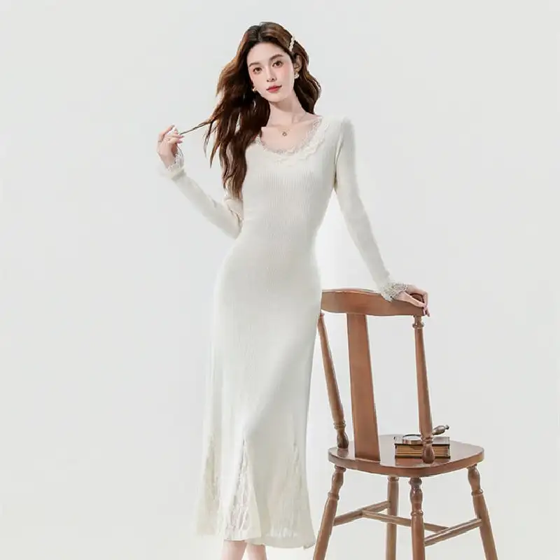 ワンピース 4色展開 レース エレガント ニット 長袖 ベージュ ブラック コーヒー色 ダークブルー