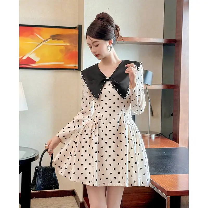 ワンピース ドット柄 長袖 ラウンドカラー ラインストーン