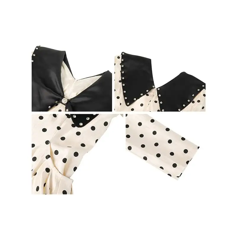 ワンピース ドット柄 長袖 ラウンドカラー ラインストーン