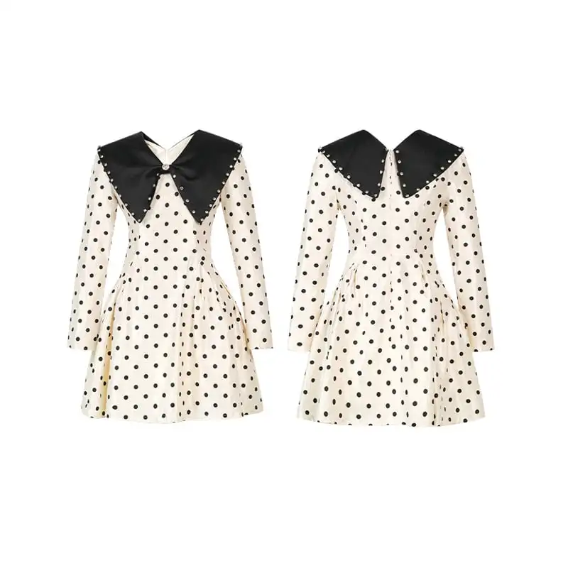 ワンピース ドット柄 長袖 ラウンドカラー ラインストーン
