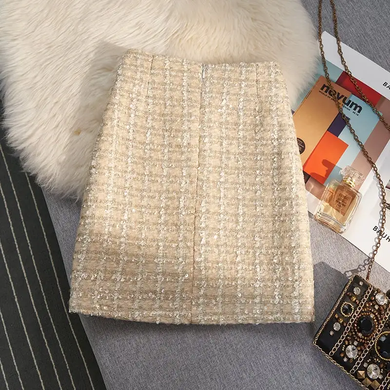 ボトムス スカート 3色展開 ミニスカート ツイード ハイウエスト スパンコール