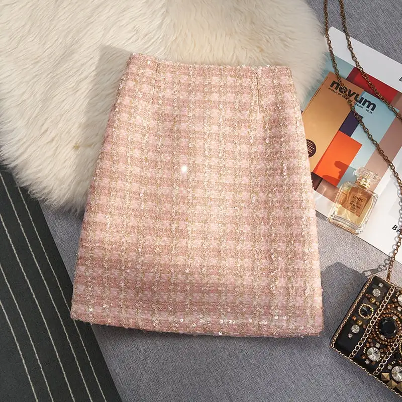 ボトムス スカート 3色展開 ミニスカート ツイード ハイウエスト スパンコール