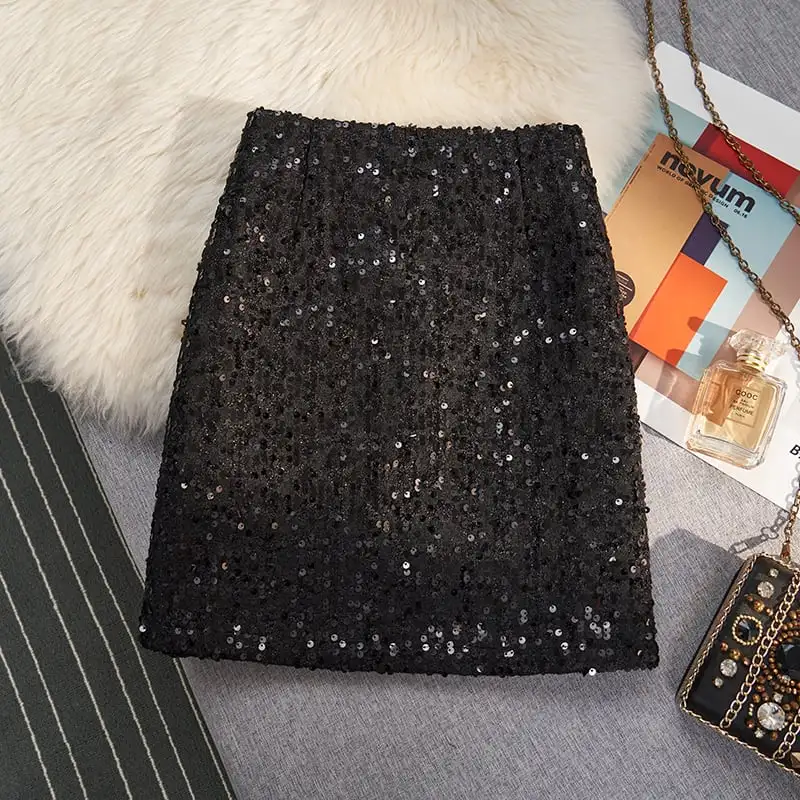 ボトムス スカート 3色展開 ミニスカート ツイード ハイウエスト スパンコール