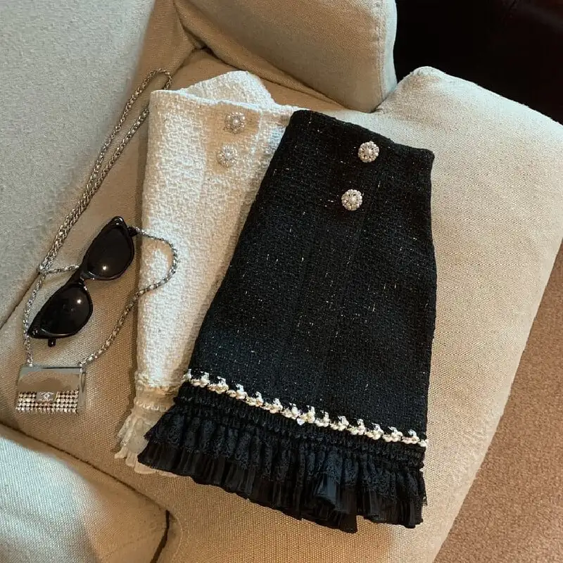 ボトムス スカート 2色展開 ミニスカート ハイウエスト レース ツイード