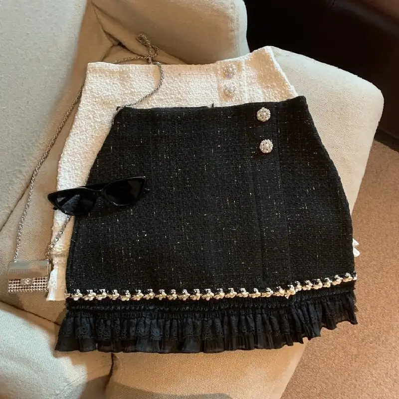 ボトムス スカート 2色展開 ミニスカート ハイウエスト レース ツイード