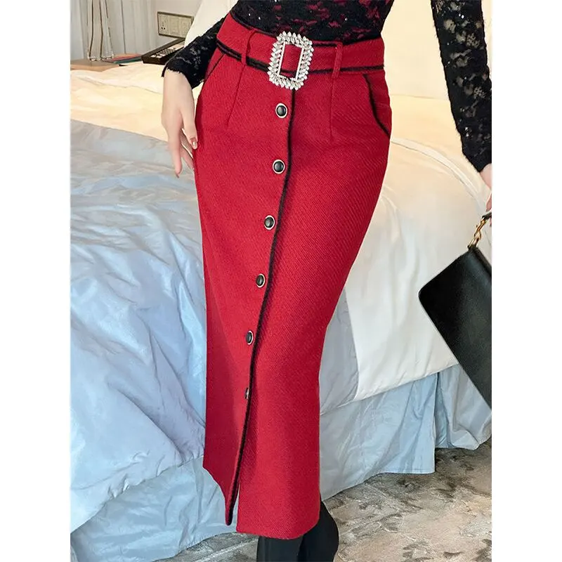 ボトムス スカート OL/通勤 ベルト付き ロング丈 厚手 暖かい ラシャ