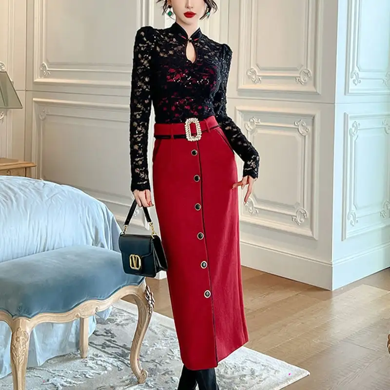 ボトムス スカート OL/通勤 ベルト付き ロング丈 厚手 暖かい ラシャ