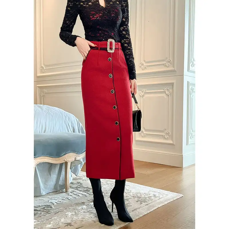 ボトムス スカート OL/通勤 ベルト付き ロング丈 厚手 暖かい ラシャ