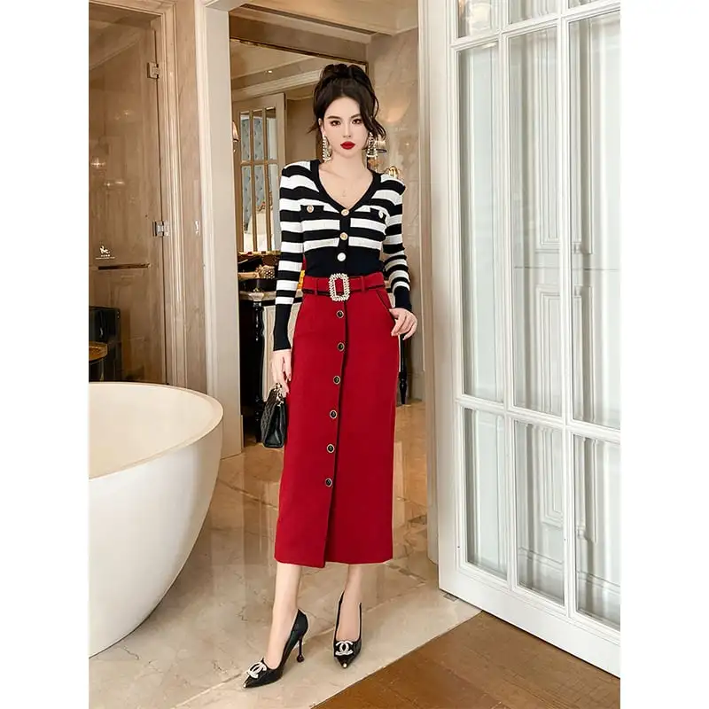 ボトムス スカート OL/通勤 ベルト付き ロング丈 厚手 暖かい ラシャ