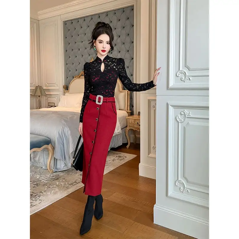 ボトムス スカート OL/通勤 ベルト付き ロング丈 厚手 暖かい ラシャ