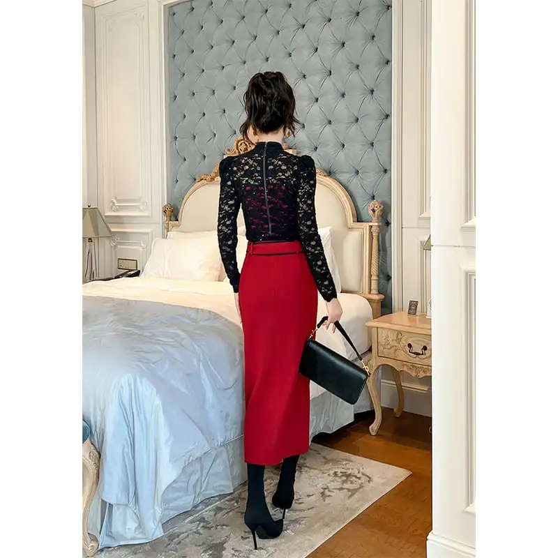 ボトムス スカート OL/通勤 ベルト付き ロング丈 厚手 暖かい ラシャ