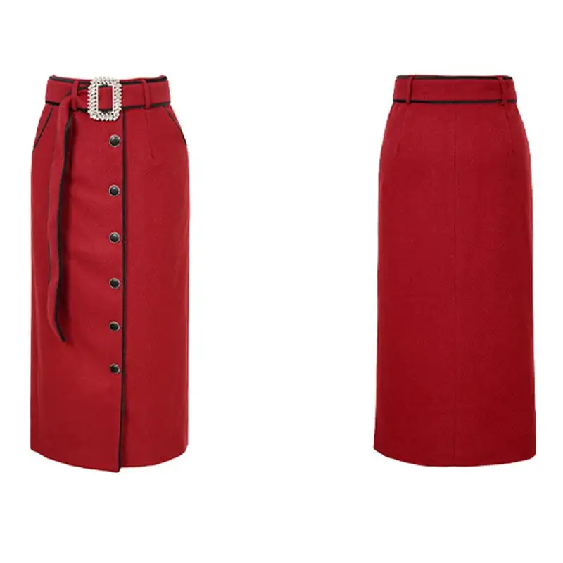 ボトムス スカート OL/通勤 ベルト付き ロング丈 厚手 暖かい ラシャ