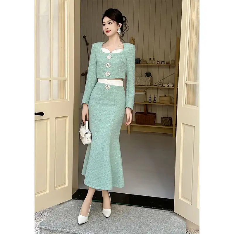 ボトムス スカート OL/通勤 切り替え ツイード フィッシュテール ライトグリーン