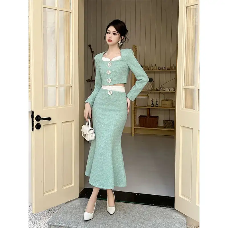 ボトムス スカート OL/通勤 切り替え ツイード フィッシュテール ライトグリーン