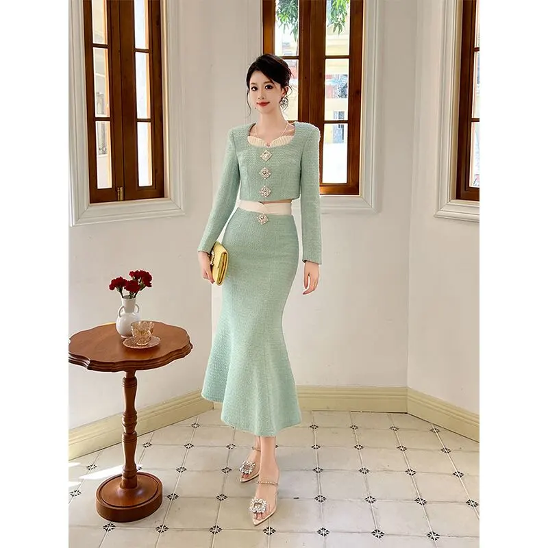 ボトムス スカート OL/通勤 切り替え ツイード フィッシュテール ライトグリーン