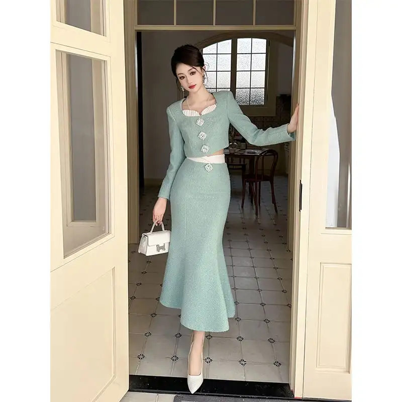 ボトムス スカート OL/通勤 切り替え ツイード フィッシュテール ライトグリーン