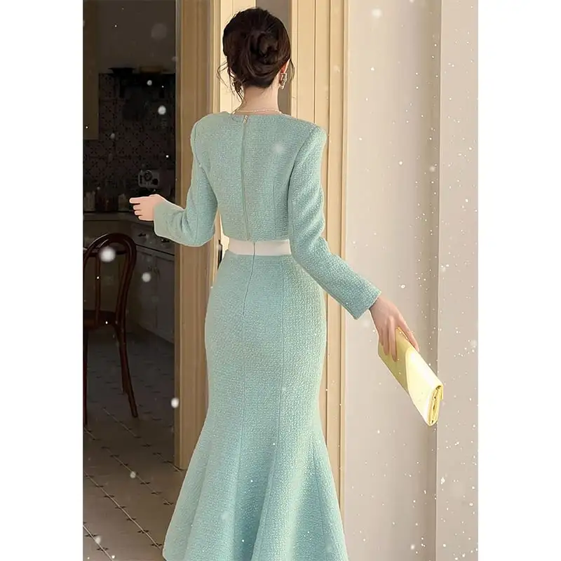 ボトムス スカート OL/通勤 切り替え ツイード フィッシュテール ライトグリーン