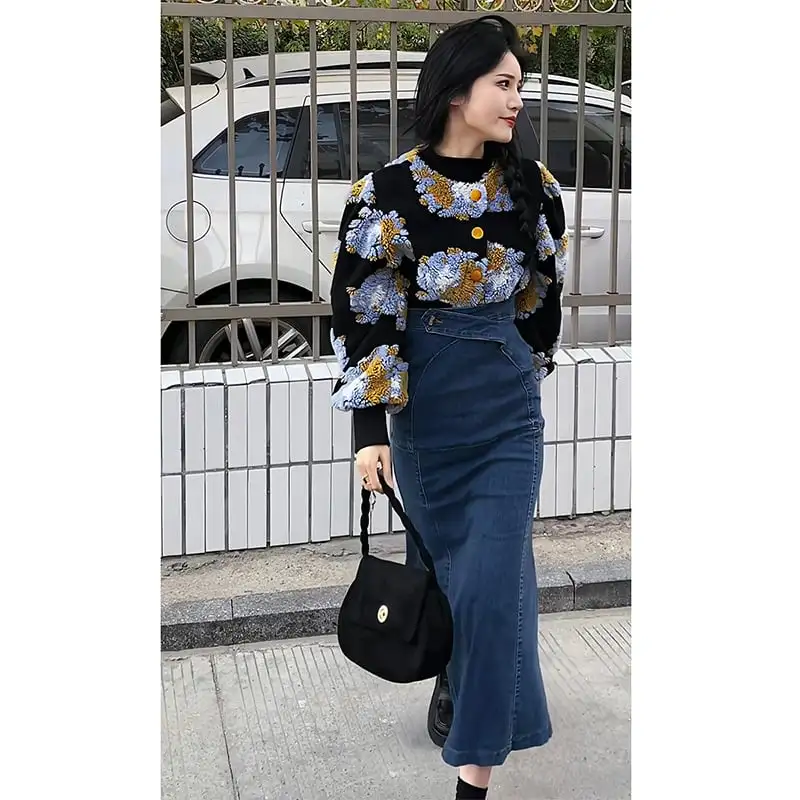 細見効果抜群 パプラム バックスリット ヒップアップ デニムスカート