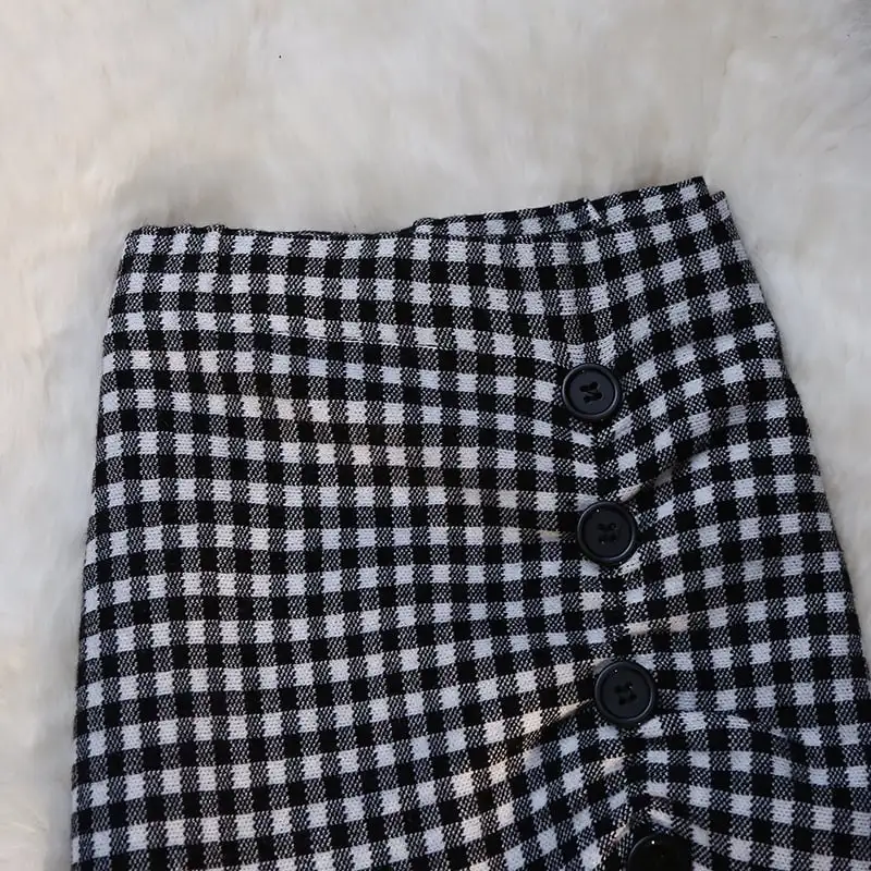 ボトムス スカート ニット ボタン ハイウエスト チェック柄