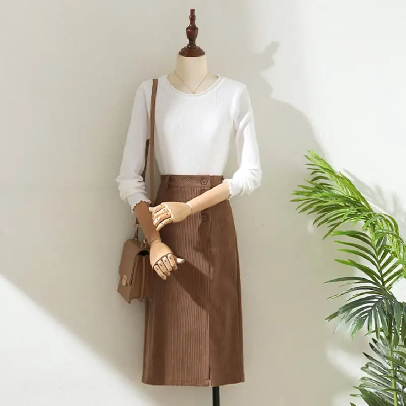 ボトムス スカート 3色展開 コーデュロイ ボタン 気質満点 通勤