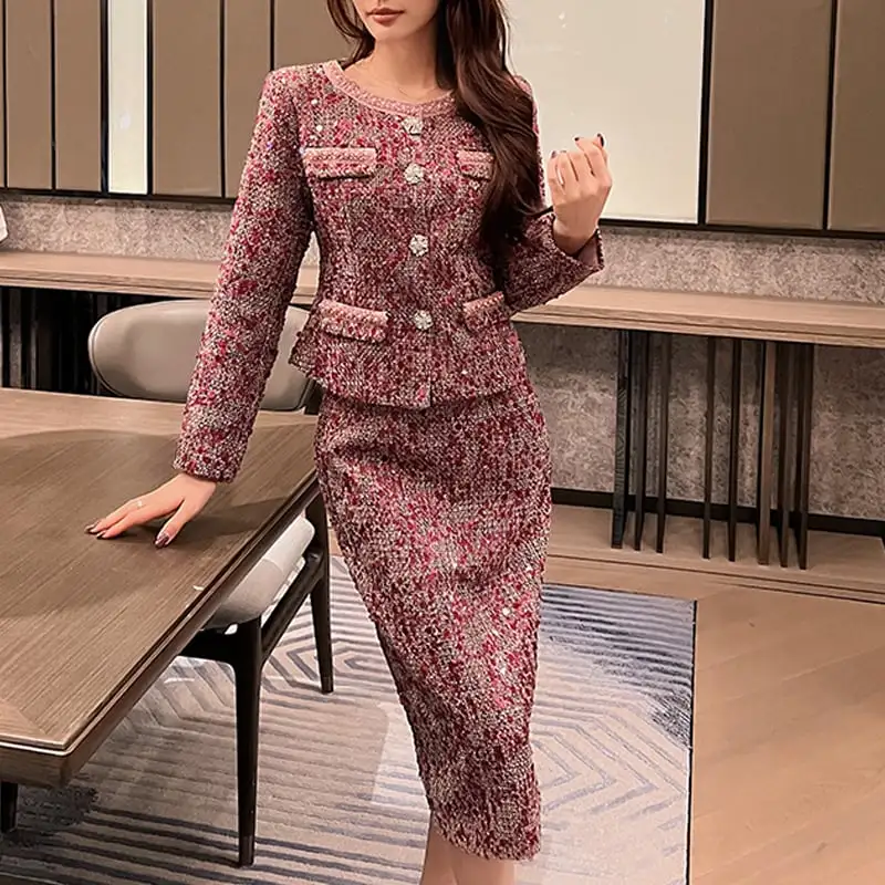 セットアップ ジャケット+スカート ツイード 長袖 スパンコール 大きいサイズ