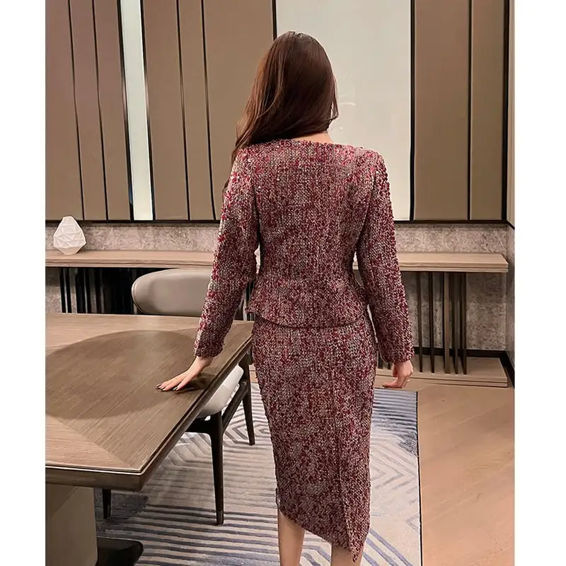 セットアップ ジャケット+スカート ツイード 長袖 スパンコール 大きいサイズ