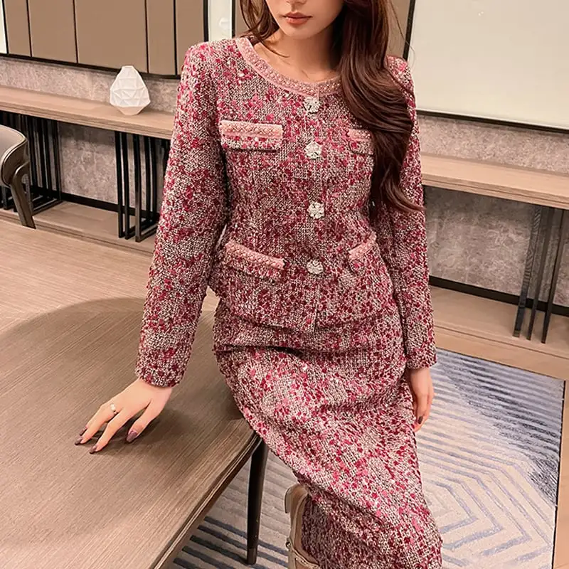 セットアップ ジャケット+スカート ツイード 長袖 スパンコール 大きいサイズ