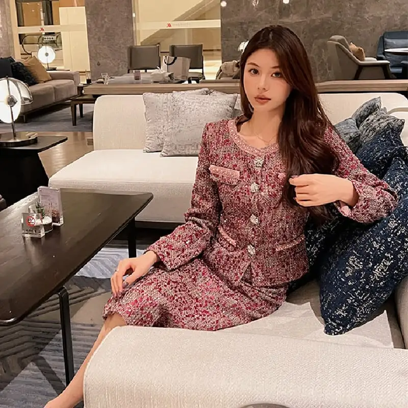 セットアップ ジャケット+スカート ツイード 長袖 スパンコール 大きいサイズ