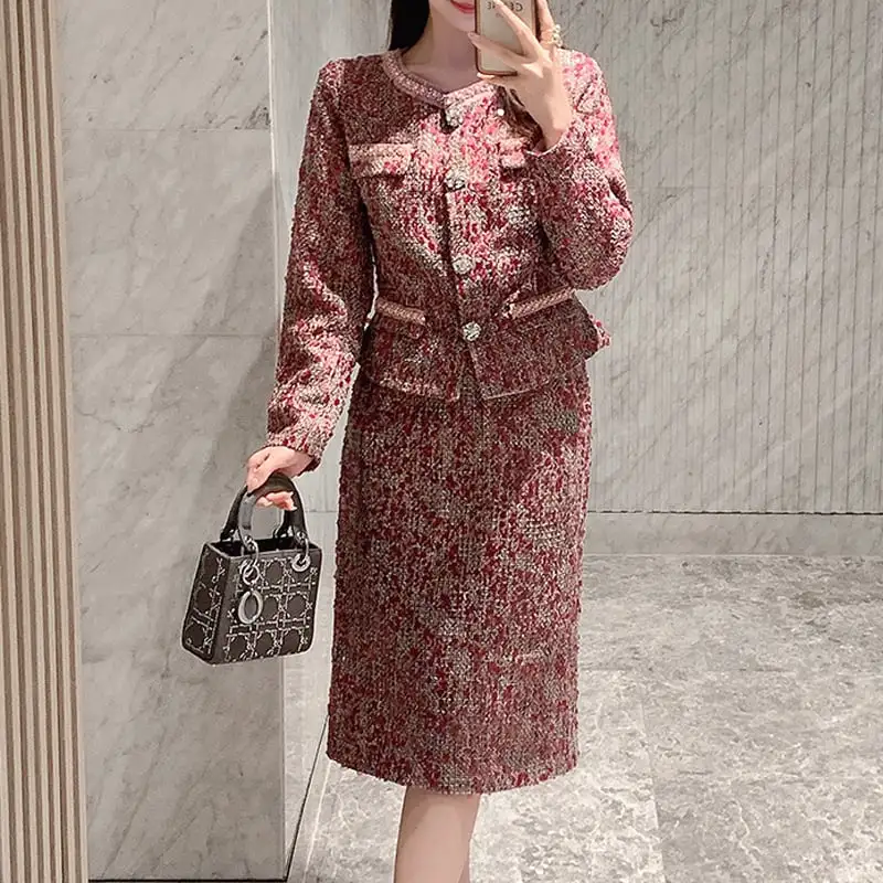 セットアップ ジャケット+スカート ツイード 長袖 スパンコール 大きいサイズ