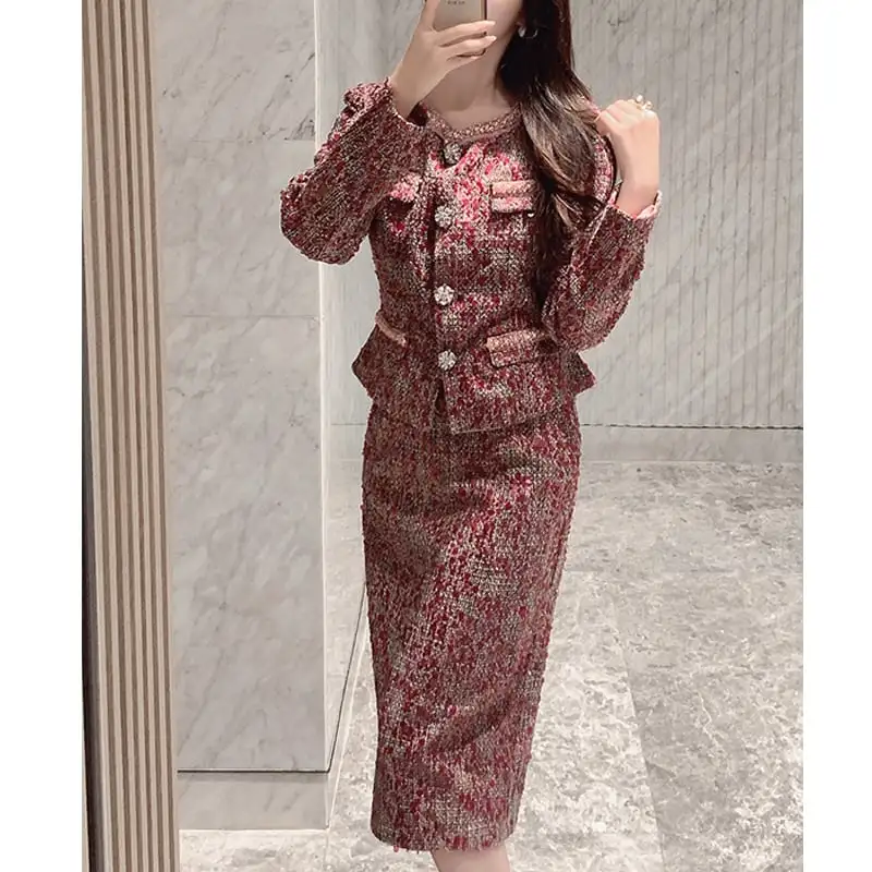 セットアップ ジャケット+スカート ツイード 長袖 スパンコール 大きいサイズ