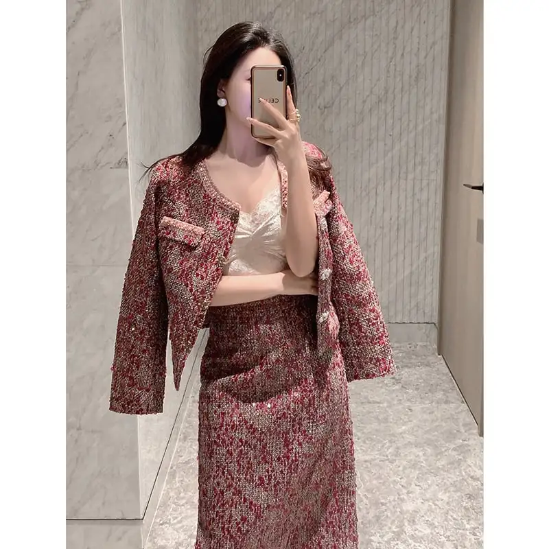 セットアップ ジャケット+スカート ツイード 長袖 スパンコール 大きいサイズ