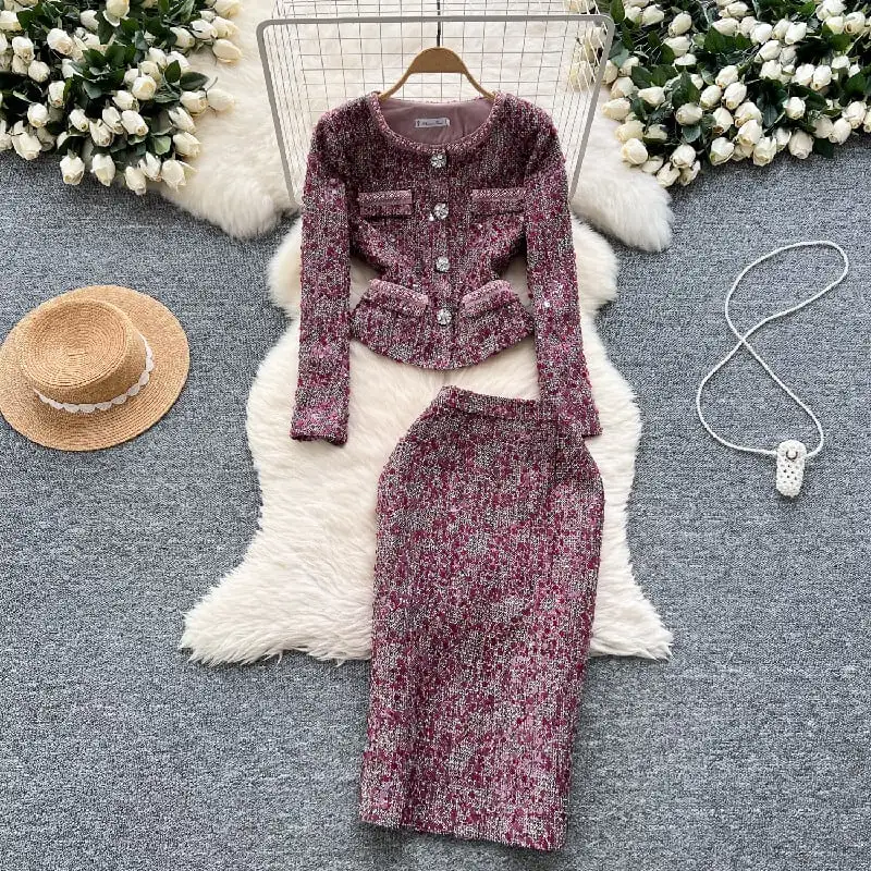 セットアップ ジャケット+スカート ツイード 長袖 スパンコール 大きいサイズ