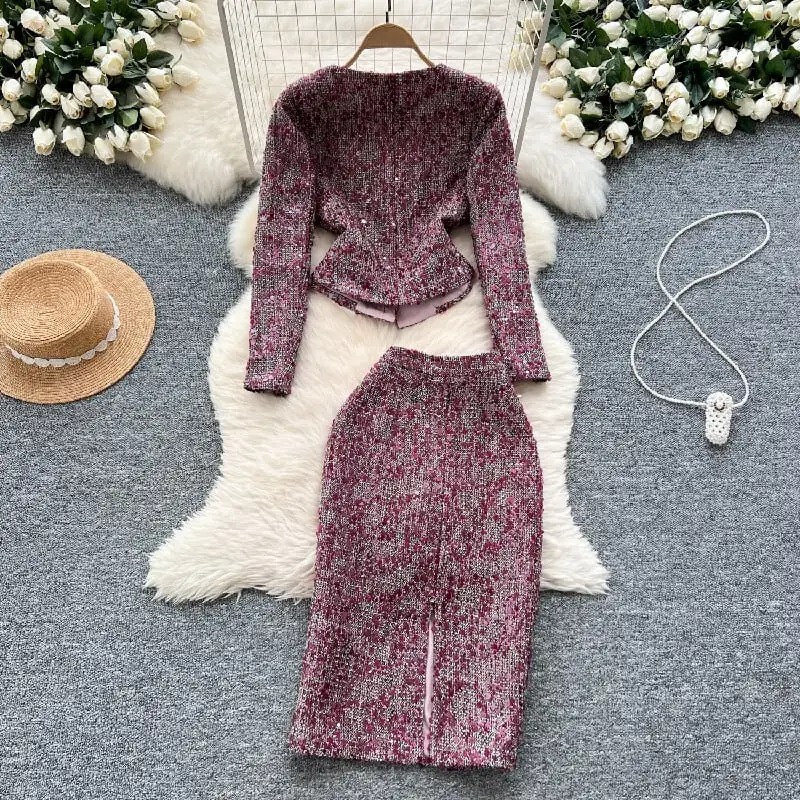 セットアップ ジャケット+スカート ツイード 長袖 スパンコール 大きいサイズ