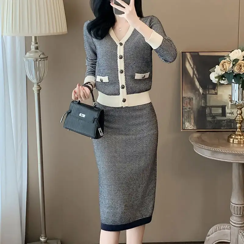 セットアップ トップス+スカート ニット Vネック フェミニン