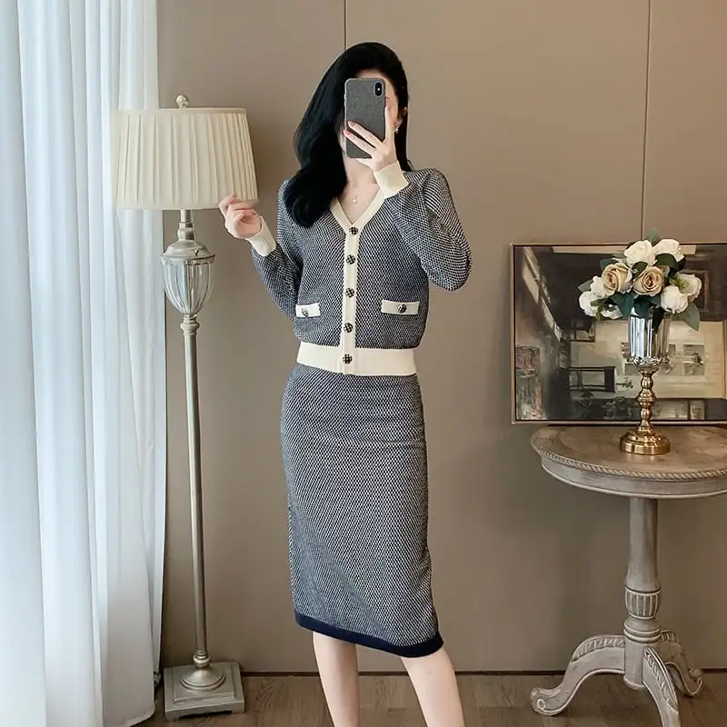 セットアップ トップス+スカート ニット Vネック フェミニン