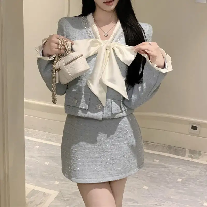 セットアップ ジャケット+スカート 2色展開 リボン ツイード