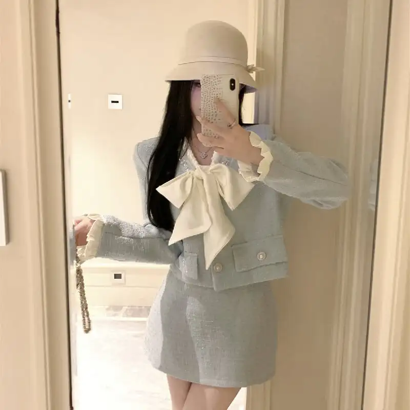 セットアップ ジャケット+スカート 2色展開 リボン ツイード