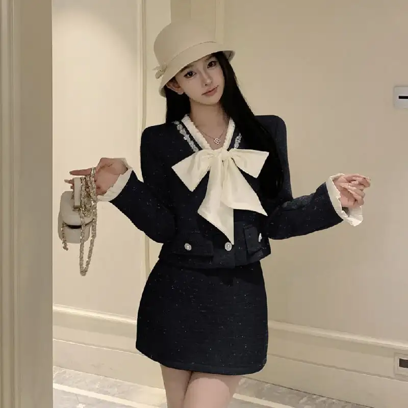 セットアップ ジャケット+スカート 2色展開 リボン ツイード