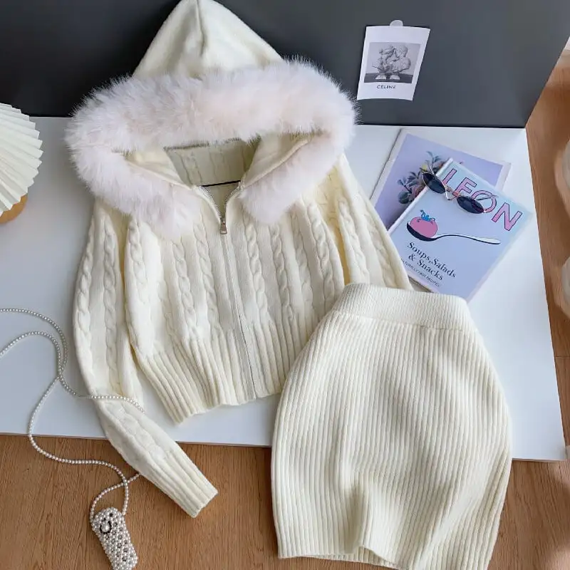 セットアップ トップス+スカート 2色展開 ニット フード付き