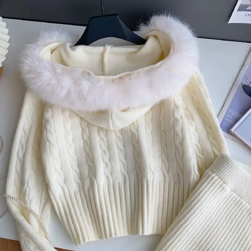 セットアップ トップス+スカート 2色展開 ニット フード付き